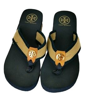 Women Tory Burch Frankie Wedge Flip flops size 7. Tan and Navy blue.